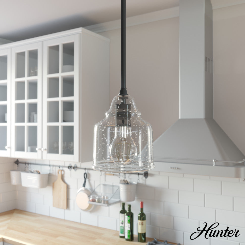 Hunter 6" Dunshire Noble Bronze, Seeded Glass 1 Light Bell Pendant Ceiling