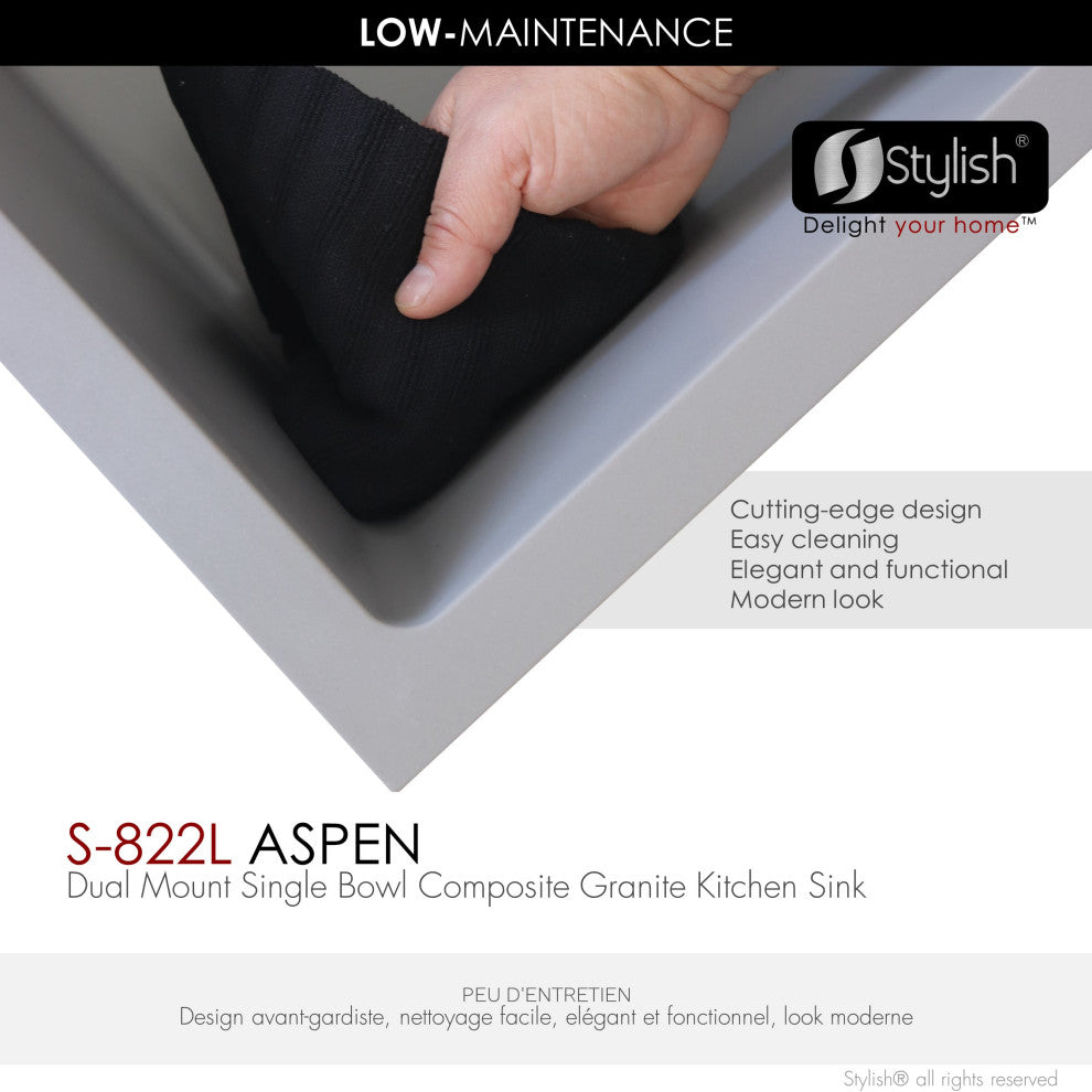 STYLISH 22"Dual Mount Single Bowl Gray Granite Kitchen Sink