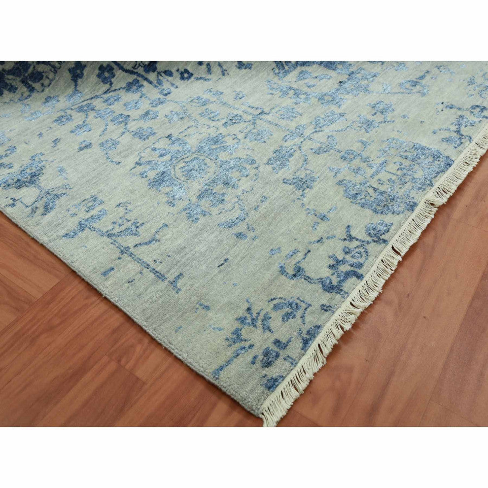 Silver Persian Erased Vase Design Wool and Silk Hand Knotted Rug, 10'0"x13'8"