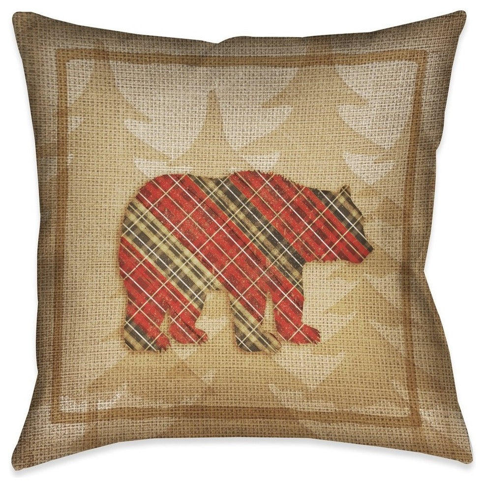 Laural Home Country Cabin Bear Plaid Outdoor Decorative Pillow, 18"x18"