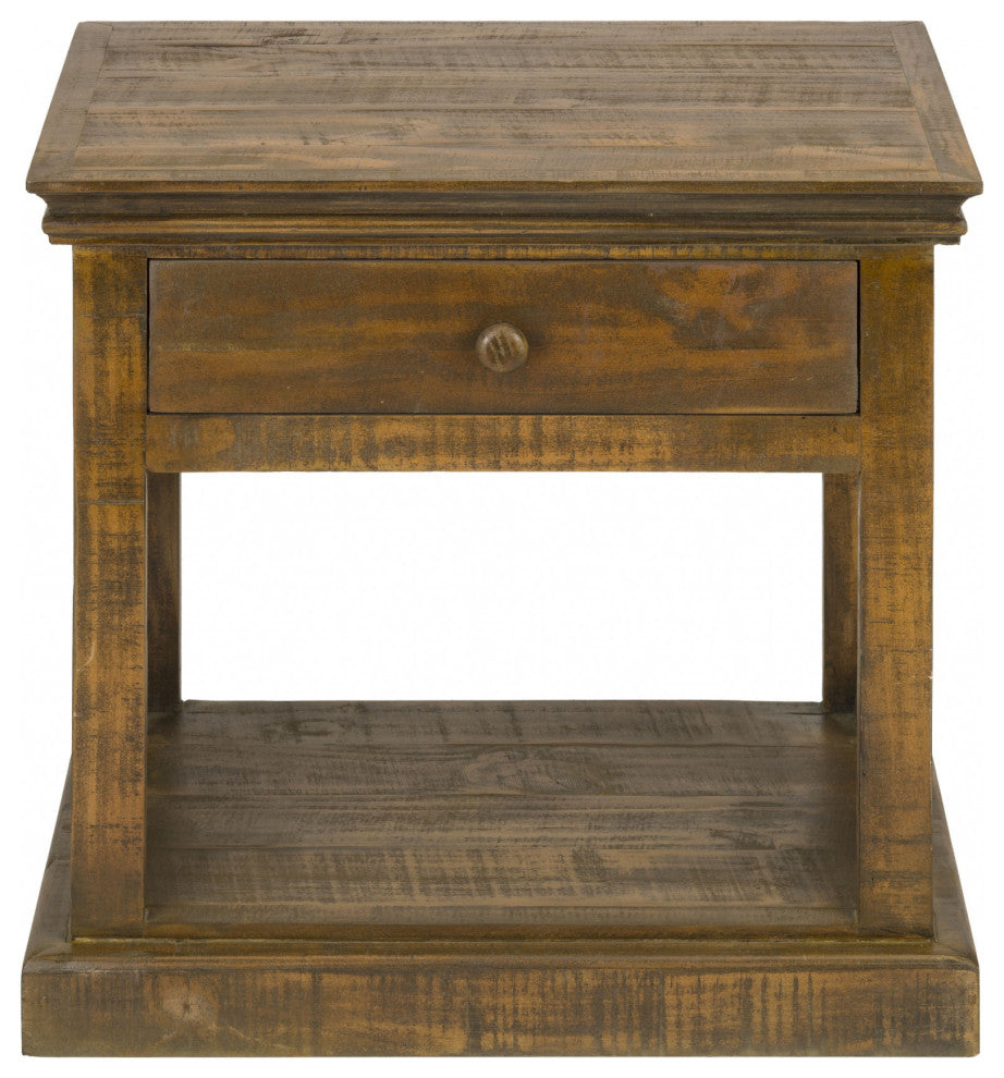 Rustic Maple Stain Wood Side Table With Drawer