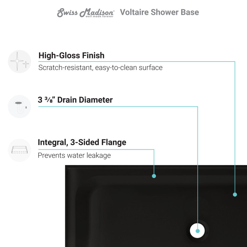 Voltaire 60"x32" Acrylic Black, Single-Threshold, Center Drain, Shower Base