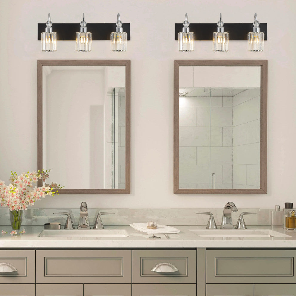 Modern Chrome 3-Light Bathroom Vanity Lighting with Cylinder Textured Glass