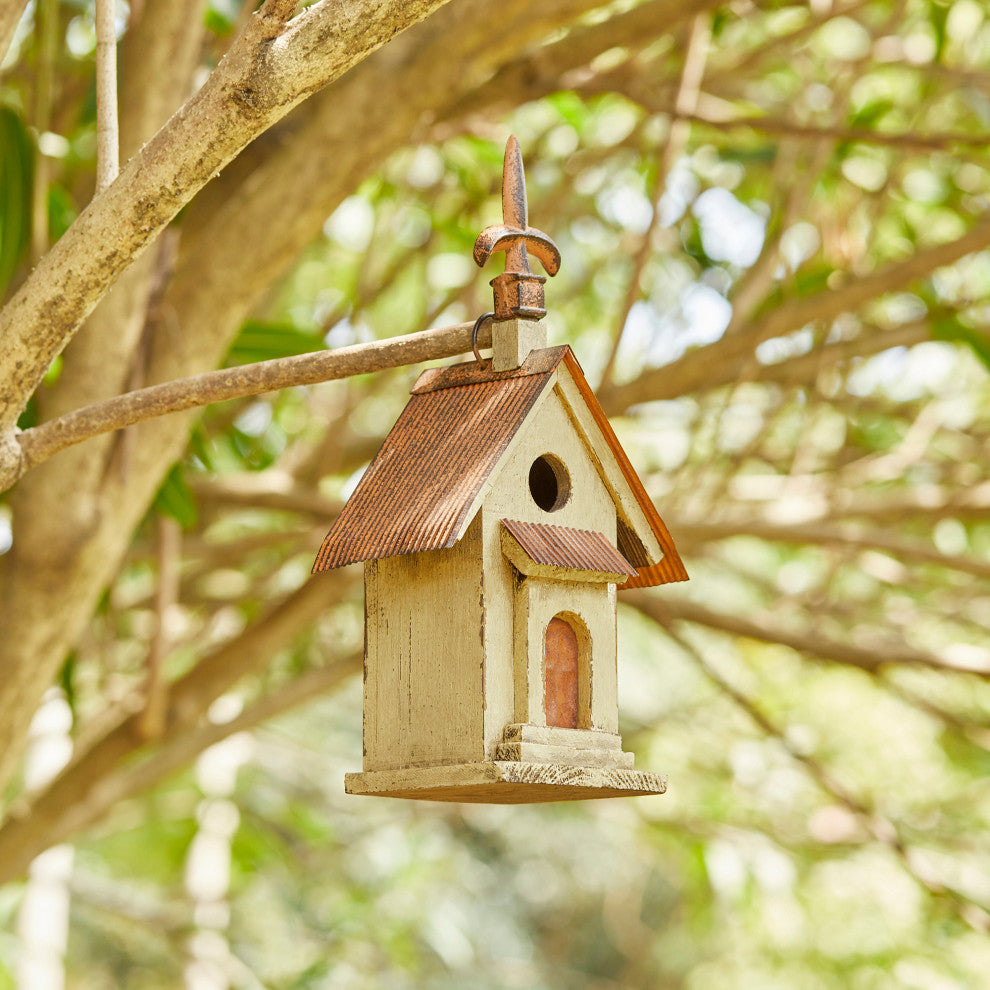 Rustic Garden Wooden Birdhouse, Metal Spear