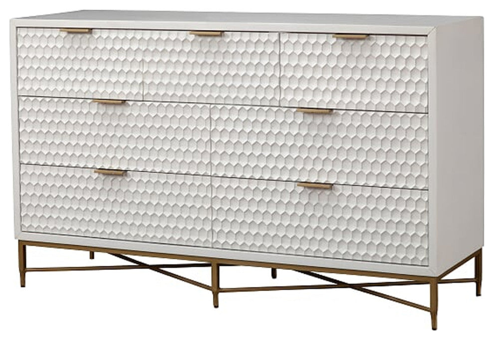 Benzara BM206686 Honeycomb Design 7 Drawer Dresser With Metal Legs, White