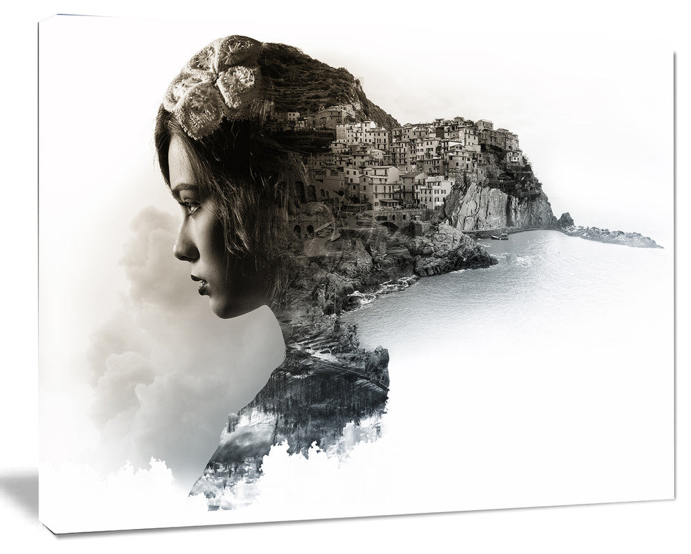 Stylish Woman and View of Manarola, Portrait Canvas Art Print, 60"x28"