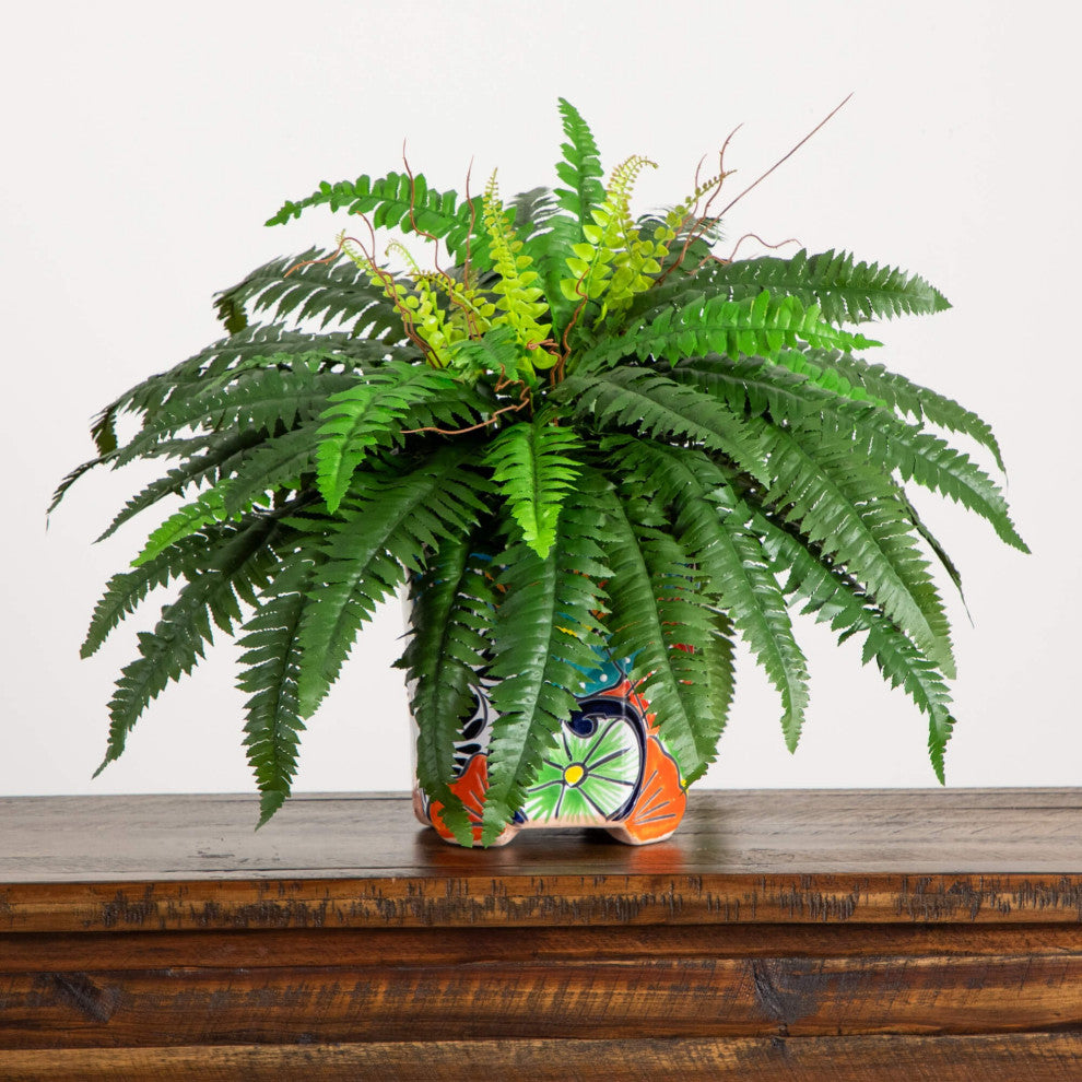 21" Artificial Boston Fern, Handmade Mexican Talavera Ceramic Planter