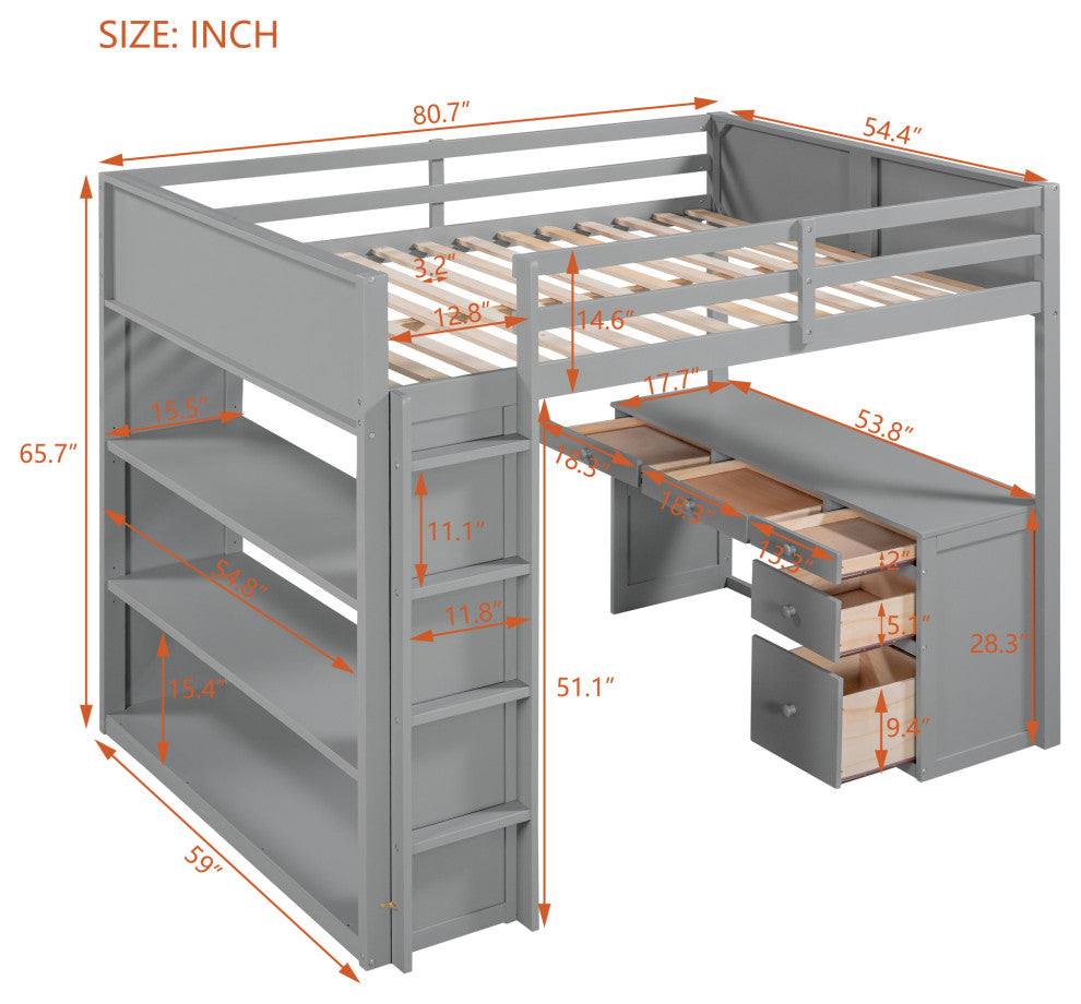 Gewnee Full Size Wood Loft Bed with Ladder,Shelves and Desk in Gray