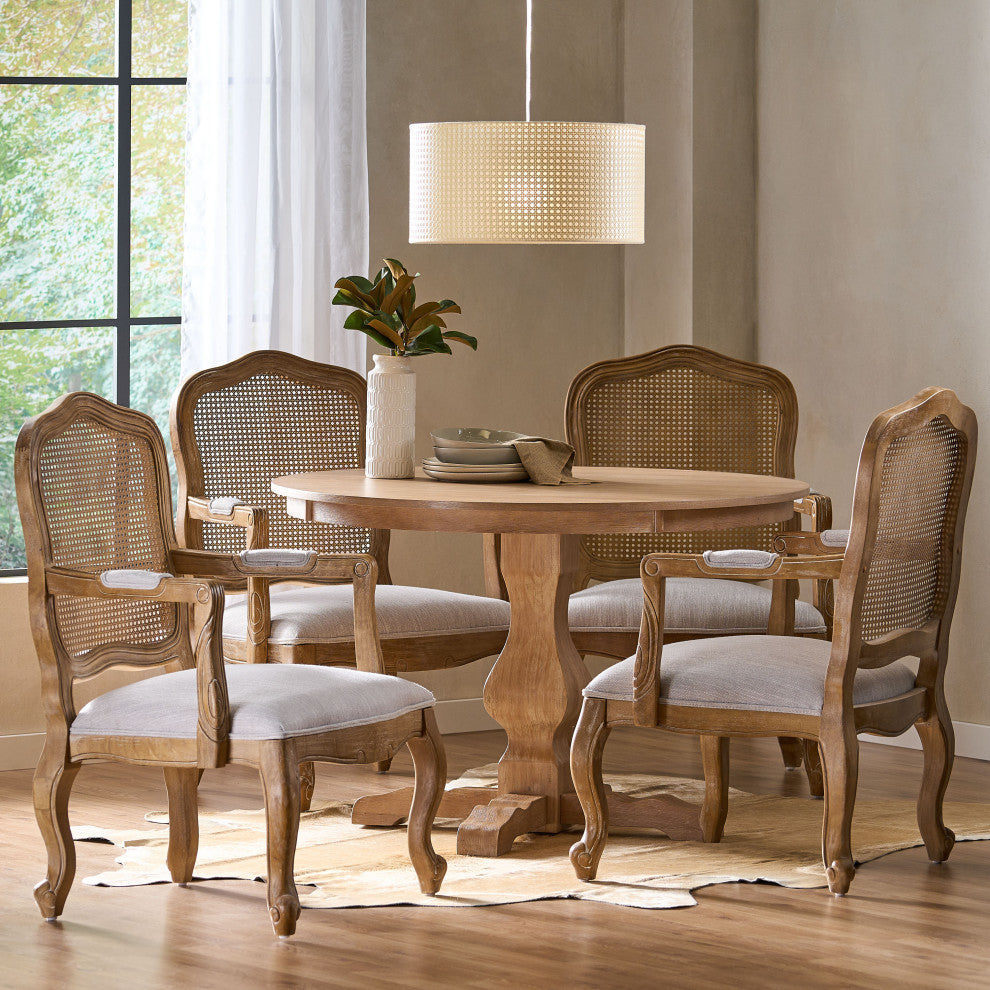Absaroka French Country Fabric Wood and Cane 5-Piece Dining Set, Natural/Light Gray