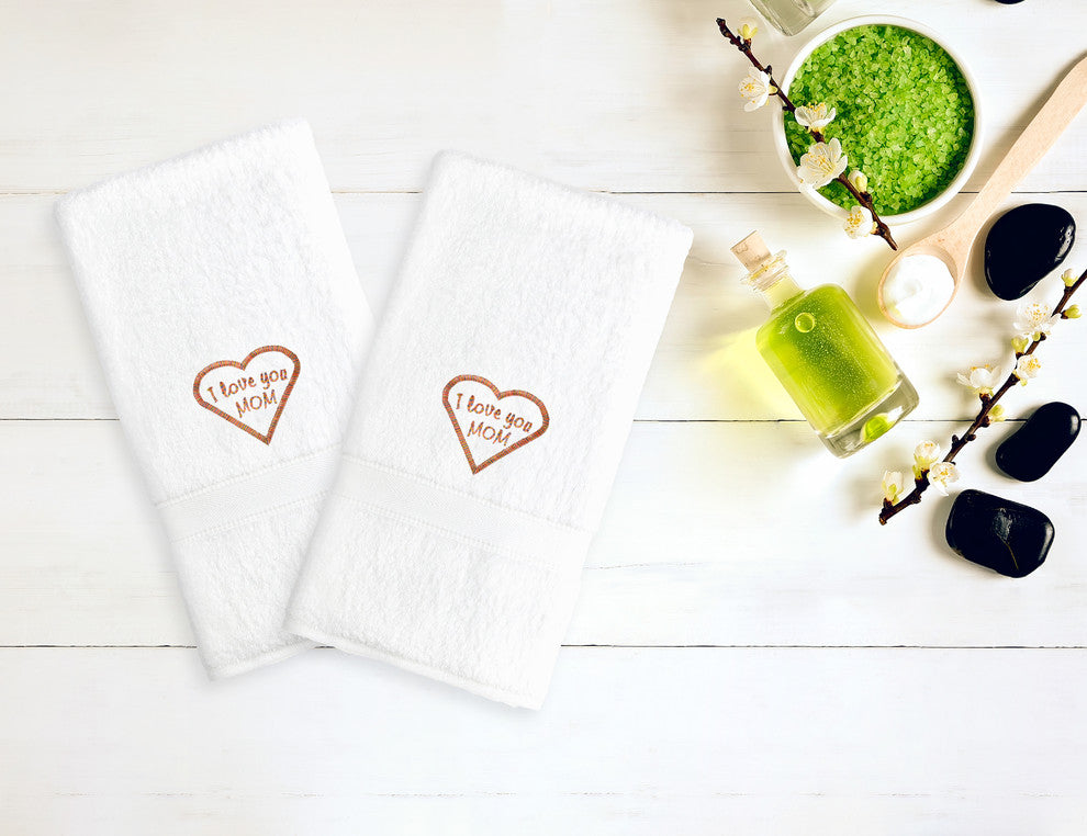 "I Love You Mom" Embroidered White Hand Towels, Melange, Set of 2