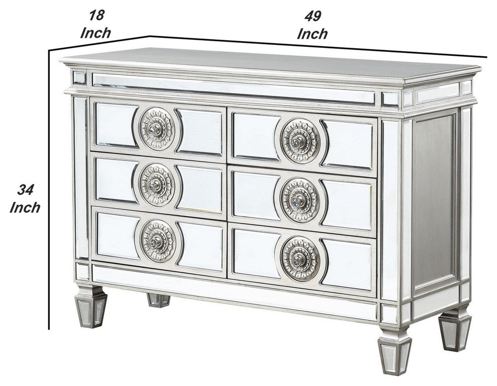Benzara BM263895 Server With 6 Mirrored Drawers and Medallion Front, Silver