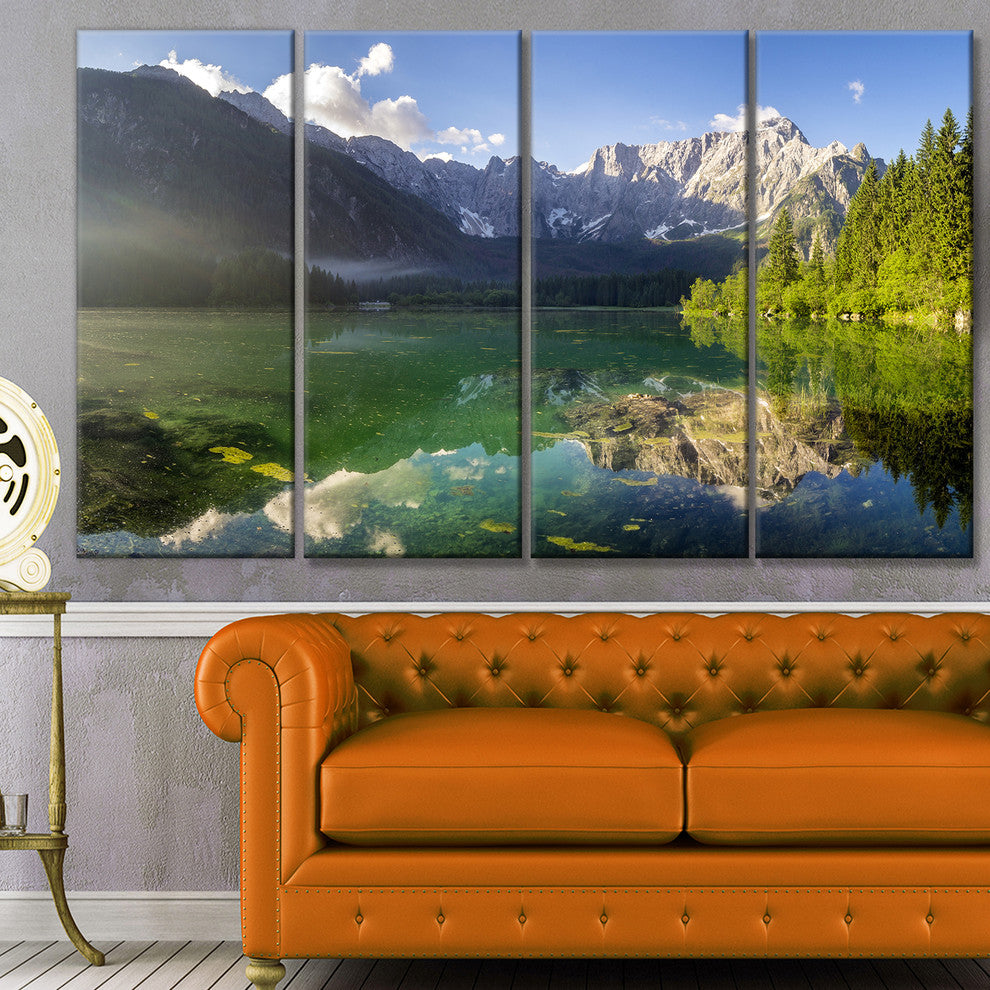 Green Mountain Lake in the Alps, Landscape Canvas Art Print, 48"x28", 4 Panels