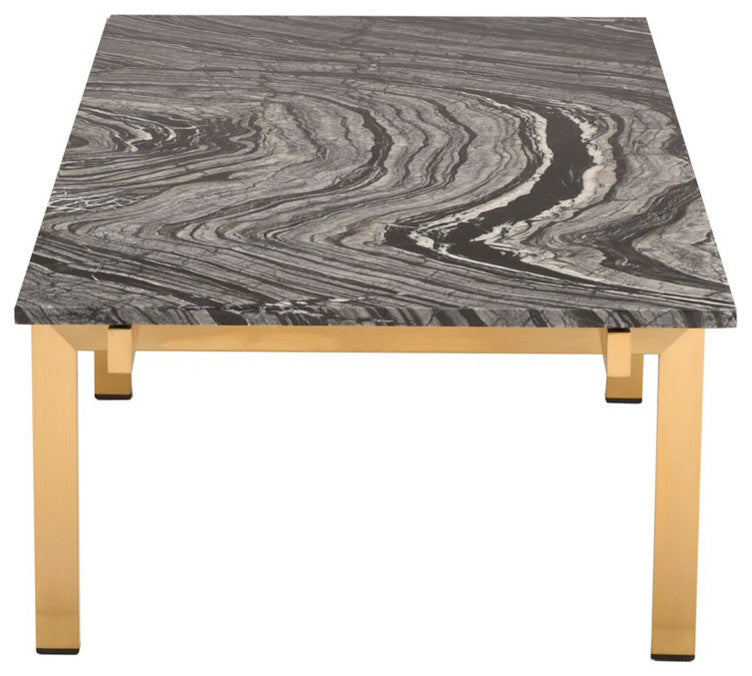 Louve Rectangle Coffee Table, Rectangular Marble Top, Brushed Gold Base, Black