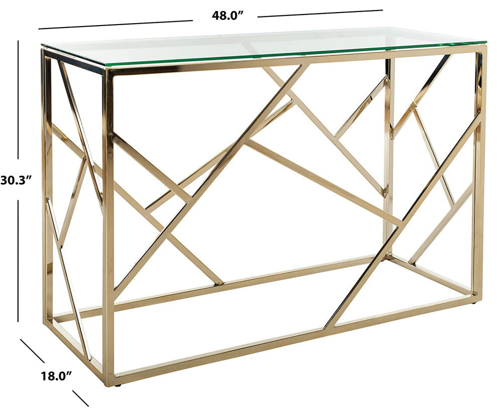 Contemporary Console Table, Geometric Frame With Tempered Glass Top, Brass