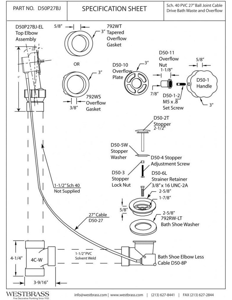 Sch. 40 PVC 27" Cable Drive Bath Waste - Ball Joint Head In Satin Nickel