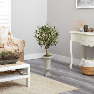 Product shown in a real room environment with full visibility of the tree and pot.