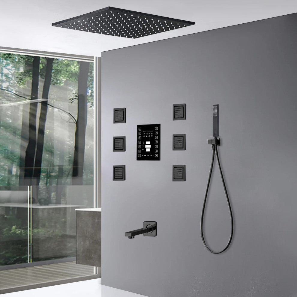 Remote Controlled Musical Matte Black Ceiling Shower System and 6 Body Jets