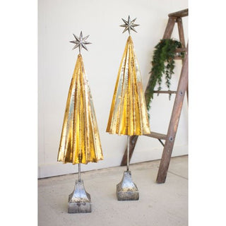 Set of Two Folded Gold Metal Trees with Silver Star