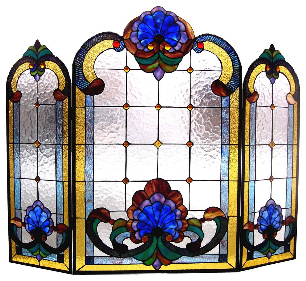 Chloe-Lighting Tiffany-Glass 3-Piece Folding Victorian Fireplace Screen