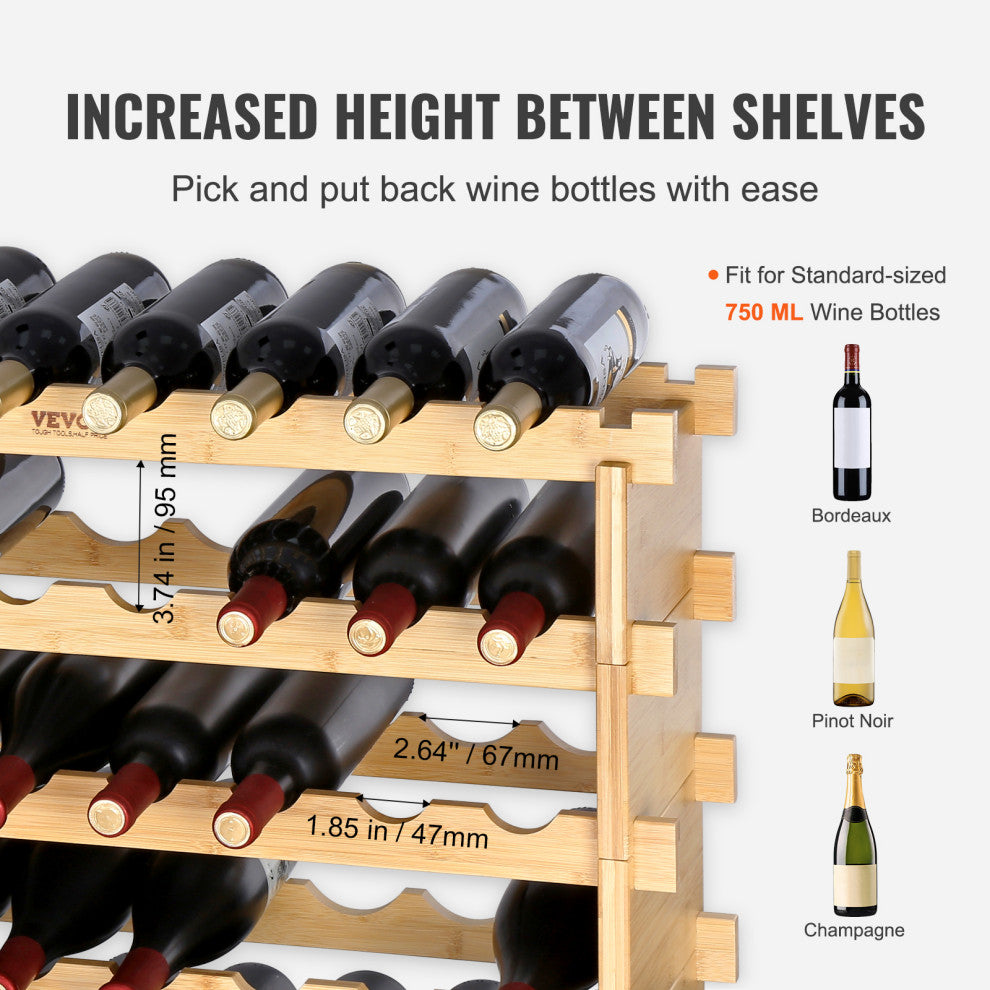 VEVOR Stackable Modular Wine Rack Bamboo Wood Display Shelf, 6 Tier, 48 Bottle