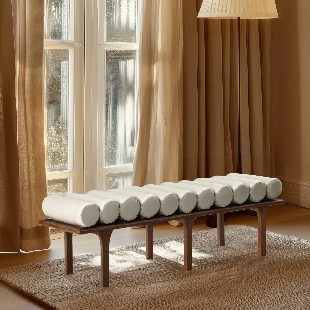 Landon Faux Leather Bench, Cream, Walnut Finish