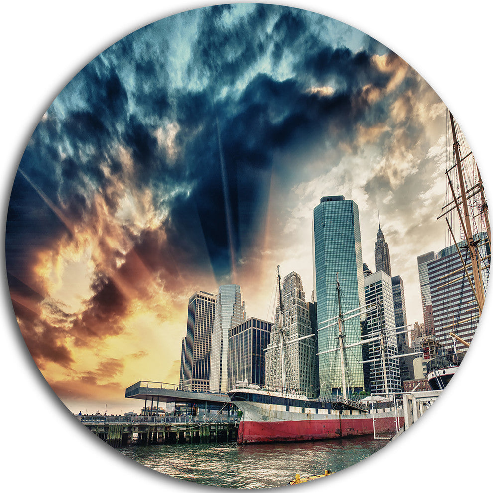 Sunset Colors Of Manhattan, Cityscape Photo Round Metal Wall Art, 23"