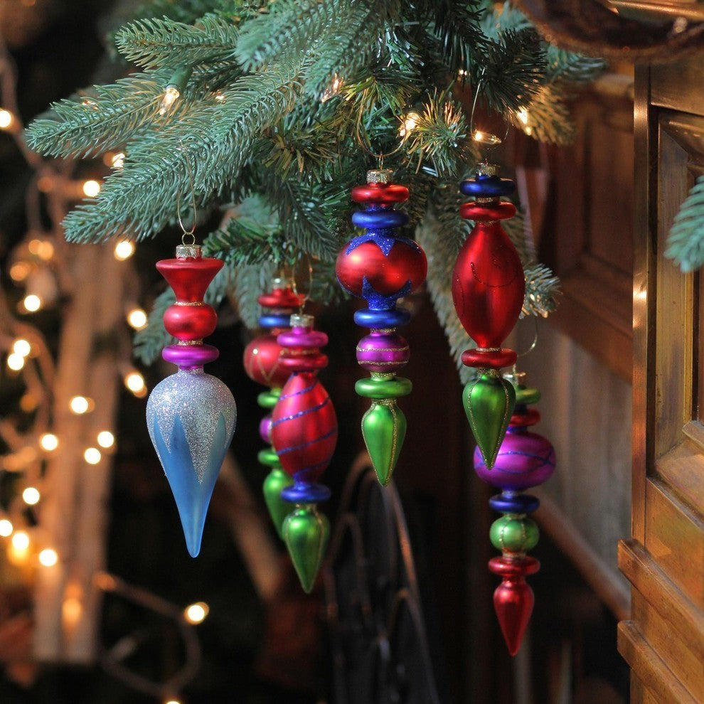 6-Piece Multicolored Accented Finial Christmas Ornament Set