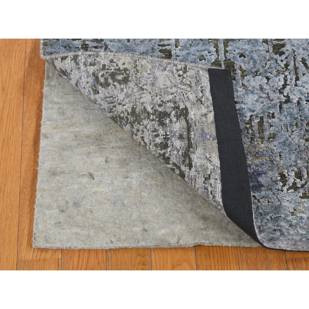 Gray Silk With Wool Hand Knotted Erased and Broken Design Runner Rug 2'6"x10'