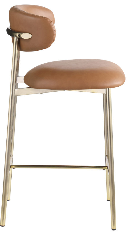 Lupita Upholstered Counter Stool, Cognac, Vegan Leather, Brushed Gold, Set of 2