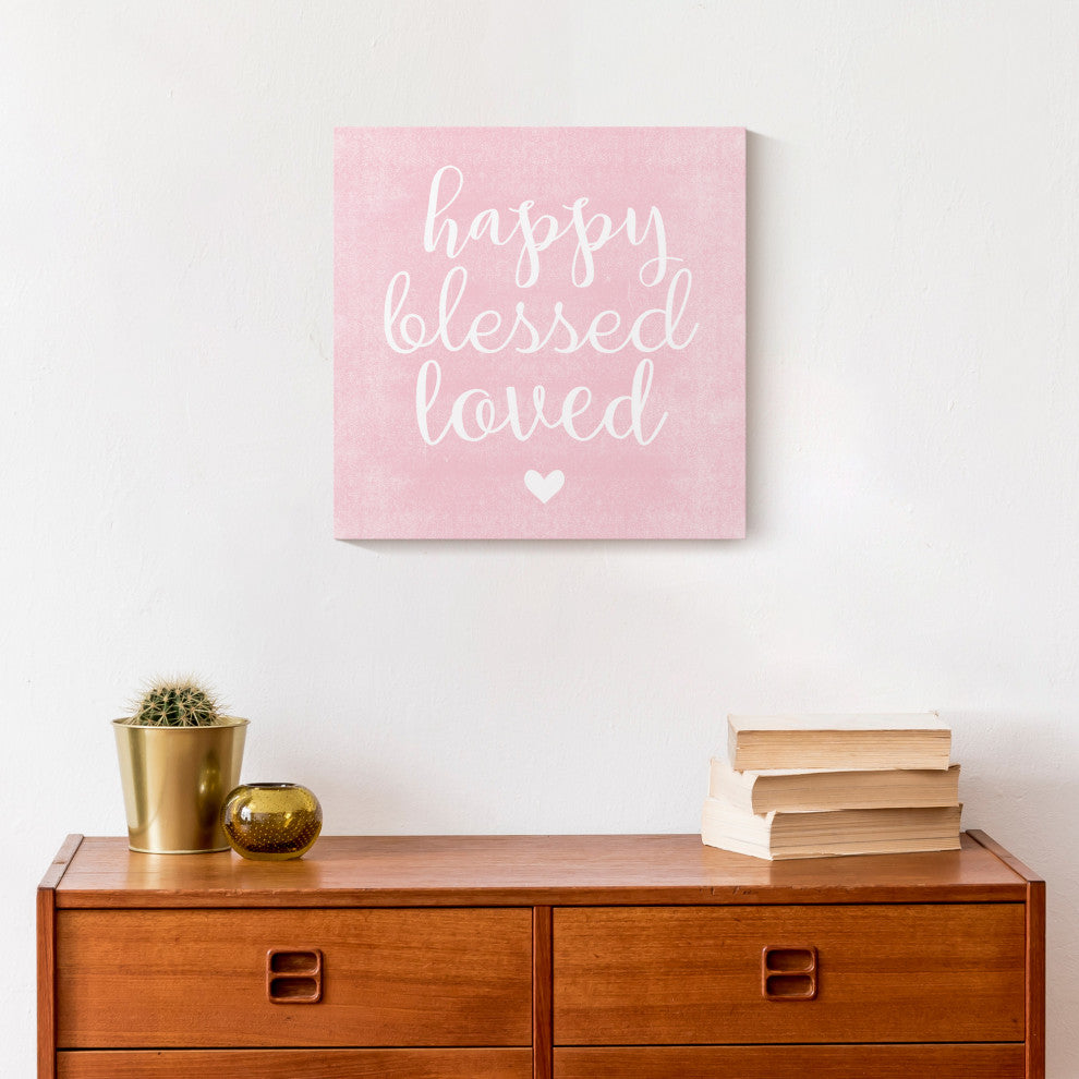 Happy Blessed Loved Pink 12x12 Canvas Wall Art
