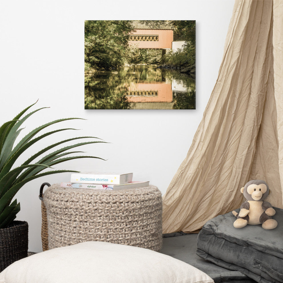 The Reflection of Wooddale Covered Bridge Aged Canvas Wall Art Print, 16" X 20"