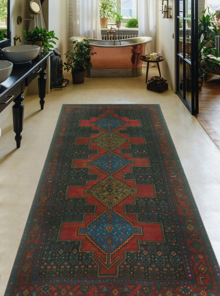 Fine Vintage Distressed Kasim Red/Charcoal Runner, 4'4x9'3