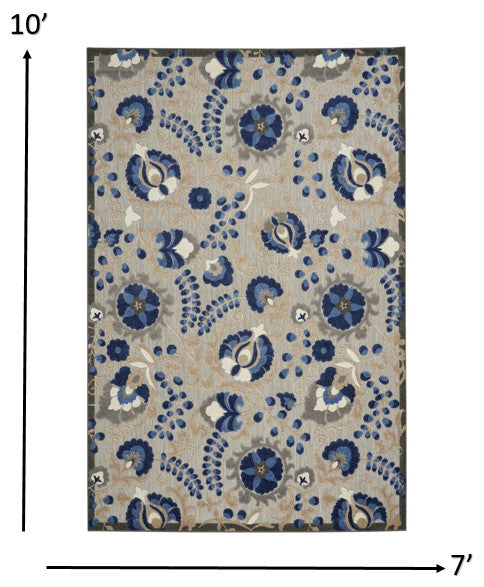 7' X 10' Blue And Gray Floral Indoor Outdoor Area Rug