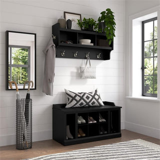 Bowery Hill 40" Engineered Wood Shoe Bench w/ Shelves & Coat Rack in Black Oak