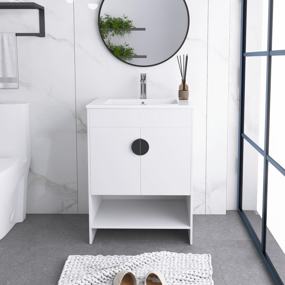 Plywood Freestanding Bath Vanity Set, Integrated Ceramic Sink, White, 24" X 18"