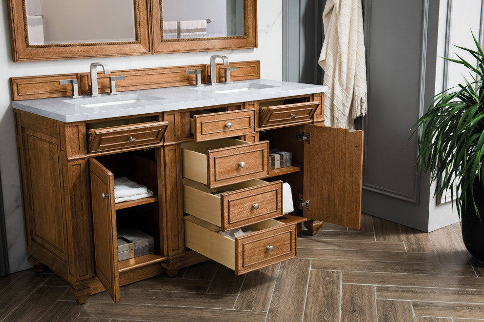 Bristol 60" Double Vanity, Saddle Brown, Arctic Fall Solid Surface Top