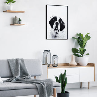 "Saint Bernard" Black and White Pet Art on Printed Glass with Anodized Frame