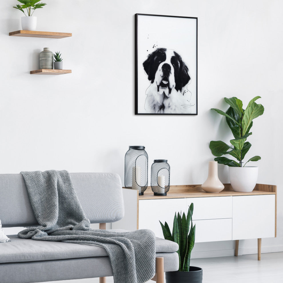 "Saint Bernard" Black and White Pet Art on Printed Glass with Anodized Frame