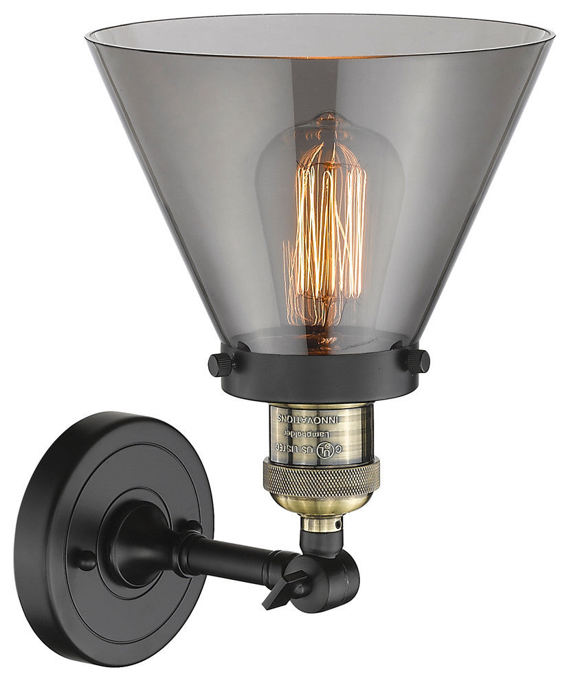 1-Light Large Cone 8" Sconce, Black Antique Brass, Glass: Smoked
