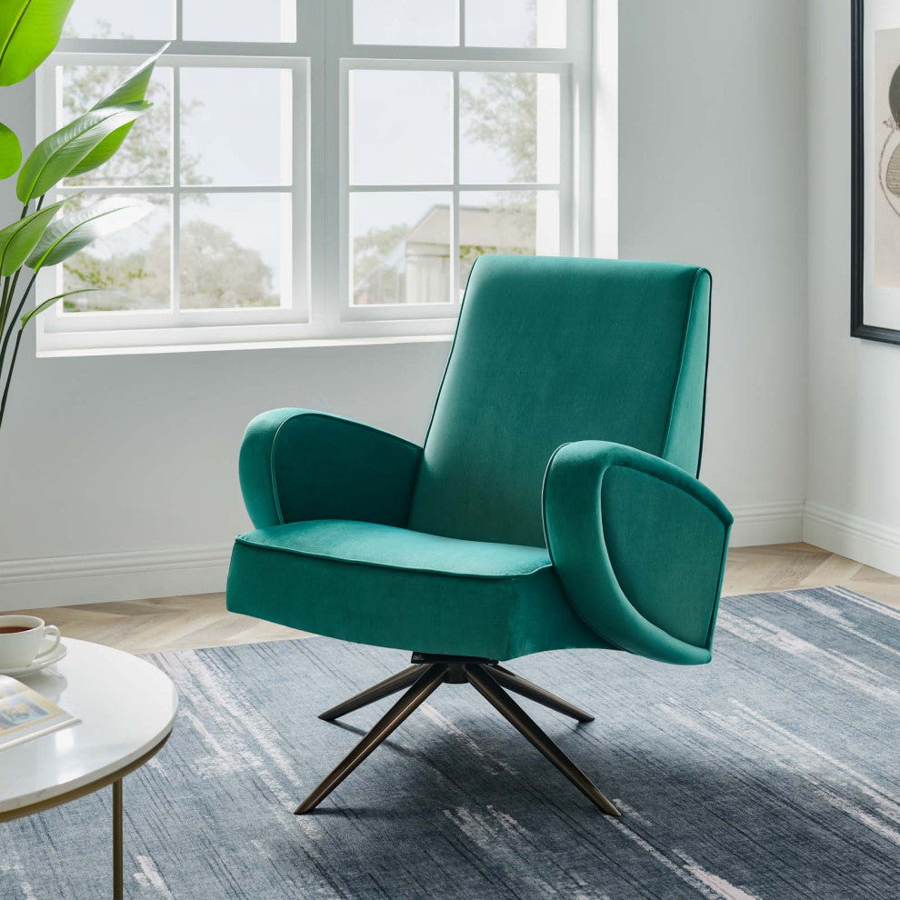 Armchair Swivel Accent Chair, Teal Blue, Velvet, Modern, Lounge Hospitality