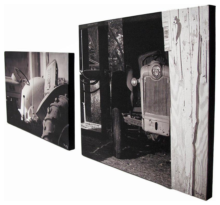 Black And White Vintage Tractors Printed Canvas Wall Hanging Set of 2