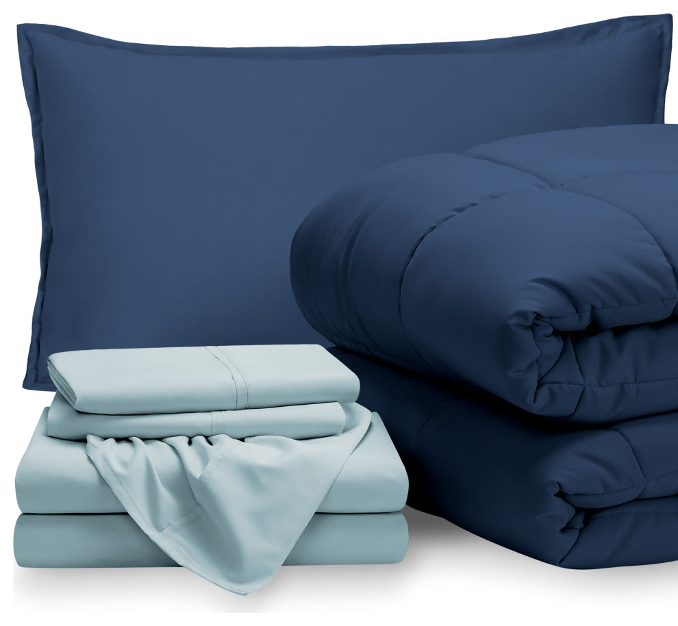 Bare Home 5-Piece Twin Bed-in-a-Bag, Dark Blue, Light Blue