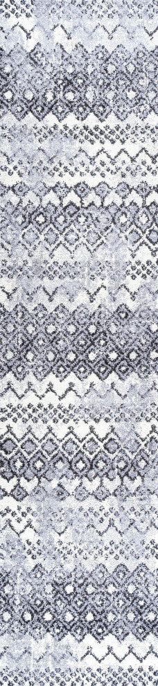 Azmar Moroccan Geometric Distressed Ivory/Black 2 ft. x 10 ft. Runner Rug