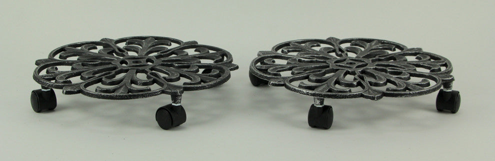 Cast Iron Heavyweight Floral Scroll Plant Caddy With Wheels Set of 2, Black