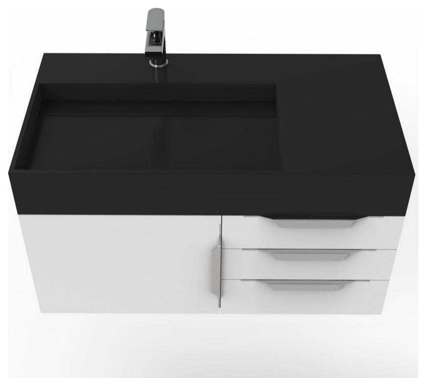 CastelloUSA Amazon 36" Wall Mount Vanity Set, White, Black Top, Chrome Handles