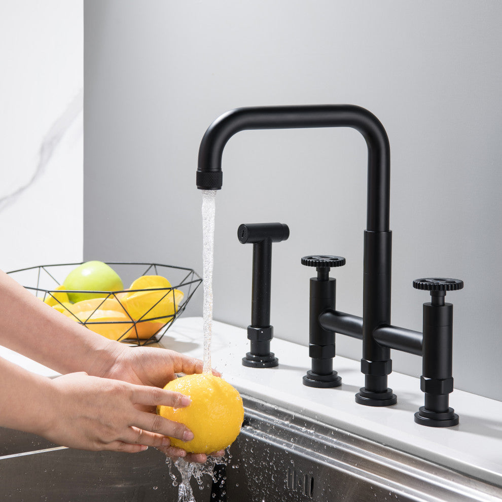 Deck-Mount Bridge Kitchen Sink Faucet With Dual Wheel Handles and Side Sprayer,