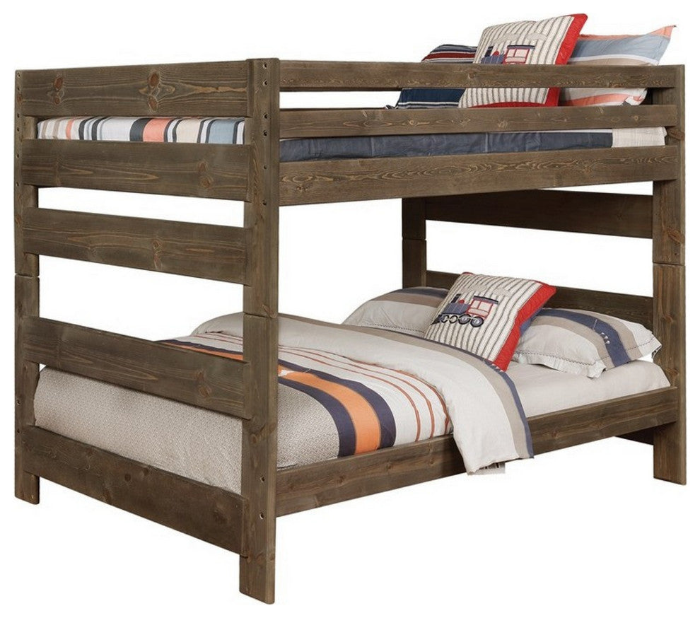 Benzara BM215916 Transitional Wooden Full Over Full Bunk Bed, Guard Rails, Brown