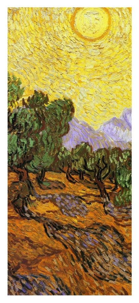 "Olive Trees With Yellow Sky And Sun (center)" Paper Art, 21"x46"