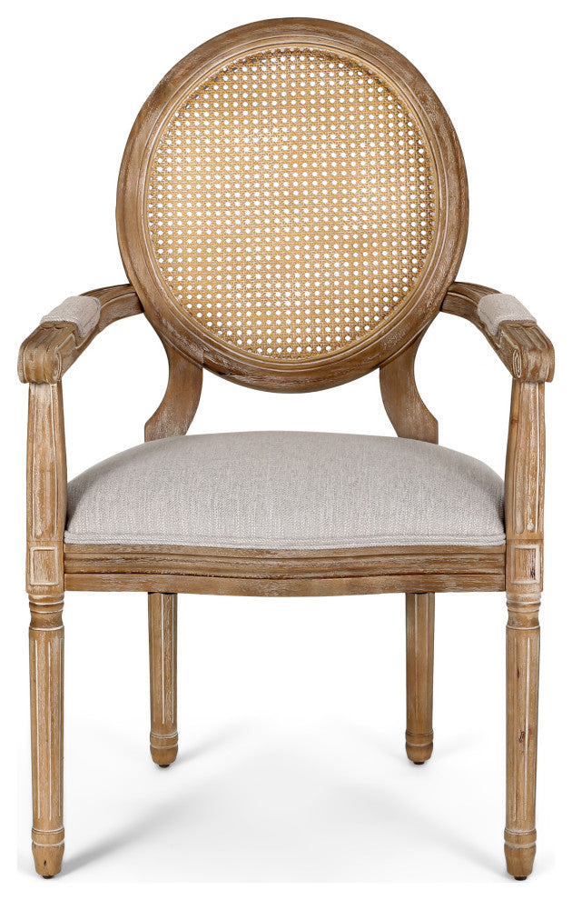 Bryan French Country Upholstered Wood and Cane 5-Piece Circular Dining Set, Natural/Light Gray