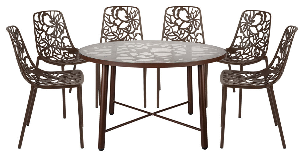 Leisuremod Devon 7-Piece Aluminum Dining Set With Table and 6 Chairs, Brown